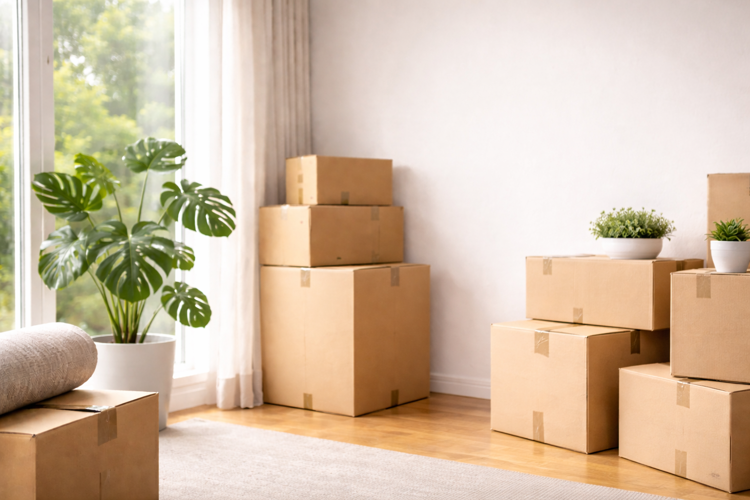 Woonkamer met verhuisdozen